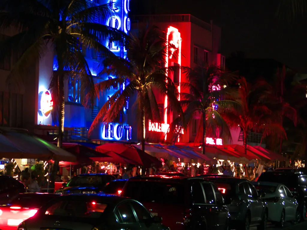 Neon Miami Ocean Drive at night — the Vice City vibe
